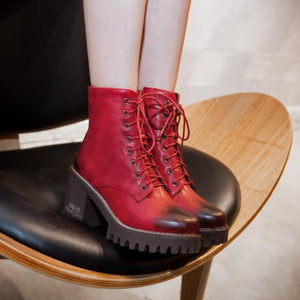 Lace Up Black Brown Red Ankle Boots Women Platform Thick Heel Large Size 32 To 43 Short Boots High Heels Cool Shoes For Girls