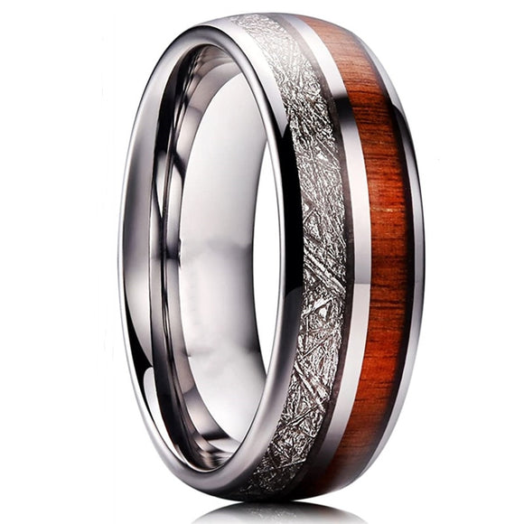 8mm Silvery Tungsten Carbide Ring White Meteorite/Wood Inlay For Men Women Modern Style Wedding Band  Dome Polished Comfort Fit