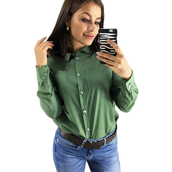Spring Long Sleeve Turn-town Collar Shirt Solid Color Women Ladies Office Button Blouse With Pockets Ropa Mujer Ez*