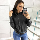 Spring Long Sleeve Turn-town Collar Shirt Solid Color Women Ladies Office Button Blouse With Pockets Ropa Mujer Ez*