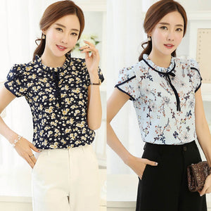 Women Floral Print Blouse Short Sleeve Loose Chiffon Shirt for Daily Office d88