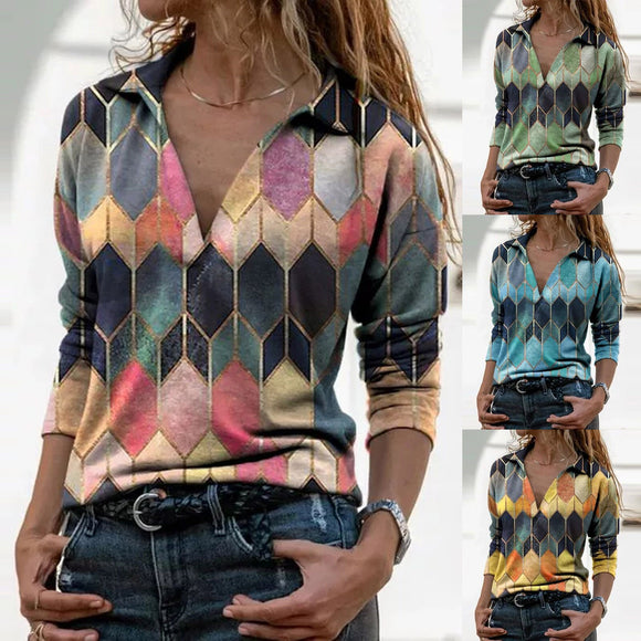 Blouse women 2020 fashion women Long Sleeve Deep V-Neck Print Shirt Blouse Vinrage Tops Spring Casual Pullover Plus Size Blusas
