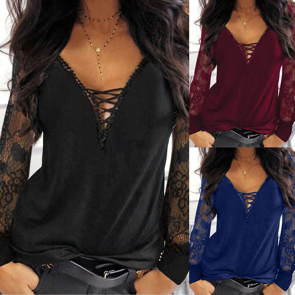 Fashion Sexy Tops Women 2021 long sleeve Top Commuting Pullover V-neck Lace Bottoming Blouses Shirts