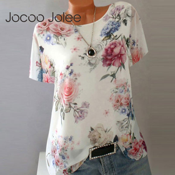 Jocoo Jolee Casual Half Sleeve Floral Print Chiffon Blouse Women Elegant O Neck Loose Beach Tops and Blouses Office Lady Shirt