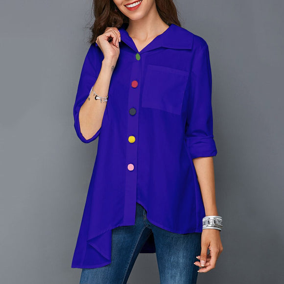 Women Loose Colorful Button Asymmetric Hem Tunic Shirt Blouse Tops XIN-Shipping