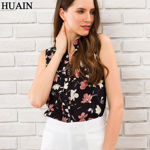 Women Blouses Floral Print Stand Collar Sleeveless Blouse Shirt 2018 New Summer Style Fitness Ladies Tops Basic Office Work Wear