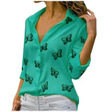 Womens Fashion Casual Long Sleeve Butterfly Printed Turndown Collar Button Shirts Tops Blouse Plus Size Blusas Femininas#35