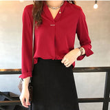 Women Casual V Neck Blouse Long Sleeves Chiffon Work Office OL Shirt Tops -MX8