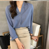 Women Casual V Neck Blouse Long Sleeves Chiffon Work Office OL Shirt Tops -MX8