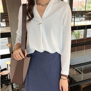 Women Casual V Neck Blouse Long Sleeves Chiffon Work Office OL Shirt Tops -MX8