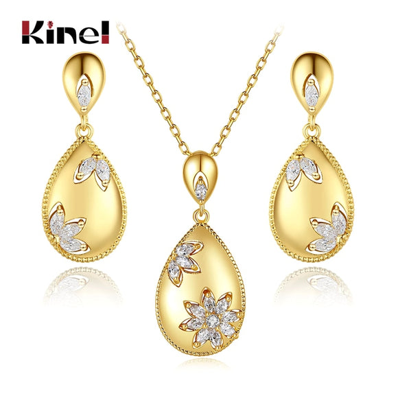 Kinel Hot Fashion 18K Gold Jewelry Sets Glossy Dangle Earrings Necklace For Women High Quality Ethnic Wedding Jewelry Set