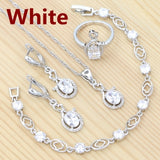 925 Silver Jewelry Set for Bride Romantic Jewelry Pink Cubic Zirconia Earrings Open Ring Pendant Chain Bracelet Set
