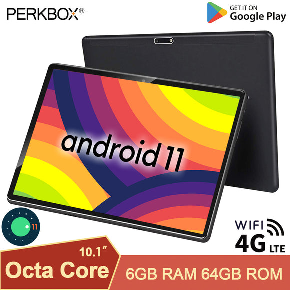 Perkbox 10 Inch Tablet Android 11.0 OS, Octa Core CPU, 6GB RAM 64GB ROM, Phone Call, Dual 4G LTE, WiFi, Bluetooth, GPS, Type C