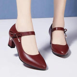 Women Cute Sweet Round Toe Wine Red Slip on Square Heel Pumps Lady Fashion Black Pu Leather Heel Shoes Zapatos De Mujer G6002
