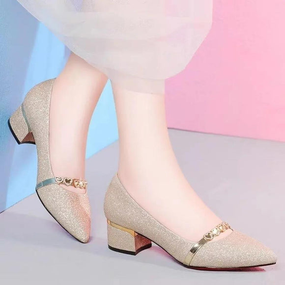 Female Fashion Sweet Golden Square Heel Pumps for Night Club Women Black High Quality Office Spring Shoes Sapatos Azuis G7069