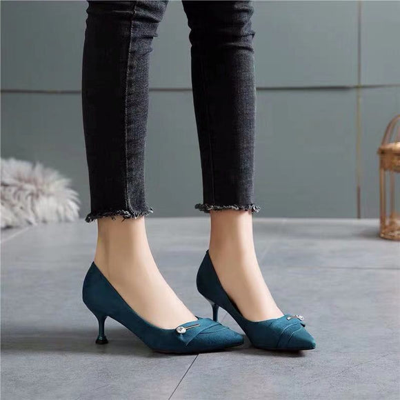 Flock Pointed Toe Slip-On Rhinestone Shallow Thin Heels Solid Wearable Light Non-Slip Women High Heels Sewing Office Shoes