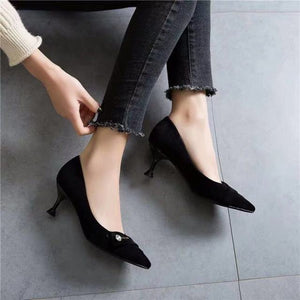 Flock Pointed Toe Slip-On Rhinestone Shallow Thin Heels Solid Wearable Light Non-Slip Women High Heels Sewing Office Shoes