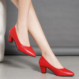 Lady Fashion Sweet Red Slip on Square Heel Pumps for Office Women Classic Black Pu Leather Heel Shoes Zapatos De Mujer G9016