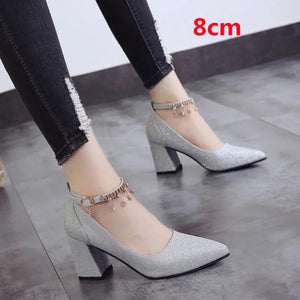 Women Casual Street High Quality Golden Square Heel Shoes for Spring & Summer Silver Bridal Wedding Heels Zapatos De Mujer G9316