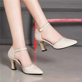 Women Classic High Quality Black Pu Leather Buckle Strap Pointed Toe Office High Heel Shoes Lady Beige Office Heel Pumps G9052