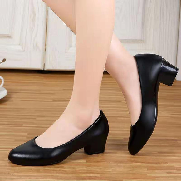 Women's shoes autumn 2021 new thick-soled mid-heel pointed soft leather shallow mouth formal work high heels