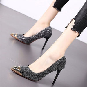 Sequins Womens Shoes High Heels Plus Size Woman Pumps Fashion Silver Shallow Mouth Female Heel Shoes Normal Size Zapatos mujer