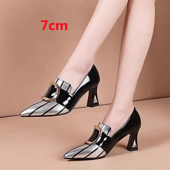 Zapatos De Mujer Women Casual Sweet Black Pu Leather Slip on Spring High Heel Shoes Lady Cool Silver European Party Pumps G9286