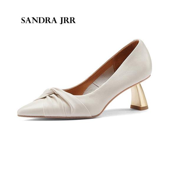 SANDRA JRR Mid Heels Leather Shoes Women Fashion Sexy Office Work Pumps Dress Shoes Slip On Pointed Toe