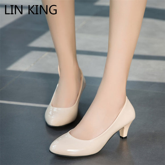LIN KING Casual Women Pumps Slip On Lazy High Heel Office Work Shoes Solid Patent Leather Round Toe Pumps For Mother Big Size 42