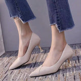 Apricot PU Leather Pointed Toe Light Non-Slip High Heels Korean Style Shallow Wearable Women Party Shoes Sewing Office Pumps