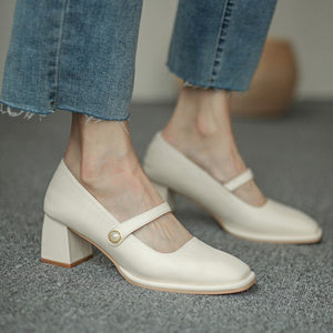 Autumn Mary Jane Thick-heeled Shoes Women Retro High-heeled Square High-heeled Women's Shoes OL Round Head Thick Belt Pumps