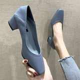 2022 autumn new simple fashion soft leather women's high heels thick heel square toe shallow mouth large size 41