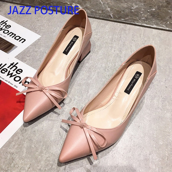 ladies low heel shoes Spring leather Pointed toe Shoes woman high black Bow Slip on dress Shoes zapatos mujer Ladies z547