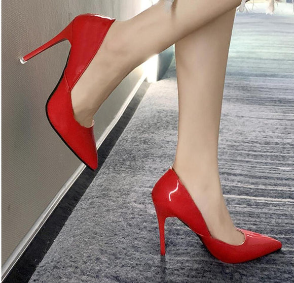 Hot Women super Shoes Pointed Toe Pumps Patent Leather Dresshigh Heels Boat Wedding Zapatos Mujer Red 10cm heel wedding shoes