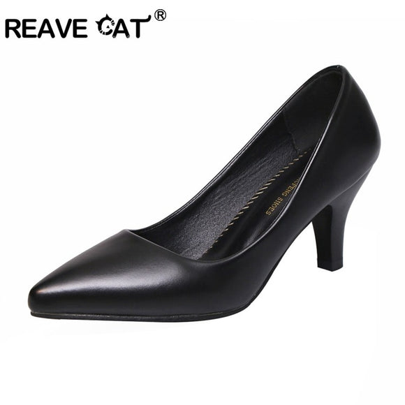 REAVE CAT Women's Mid Chunky Heels Pumps Casual Small Low Heel Pointed Toe Leather Office Comfortable Woman Shoes Size 35-40