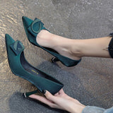 Green high heels women's 2021 spring new pointed satin satin heel mid-heel shoes Thin Heels  Pointed Toe