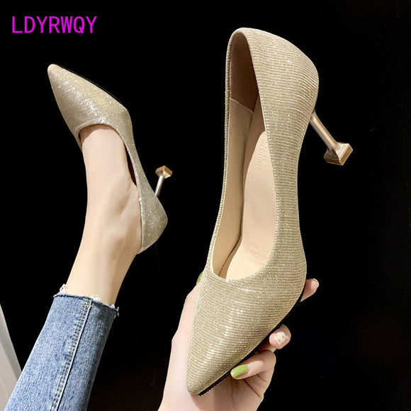 heels feminine sense of spring and summer 2021 new pointed stiletto shallow mouth black all-match professional single shoes