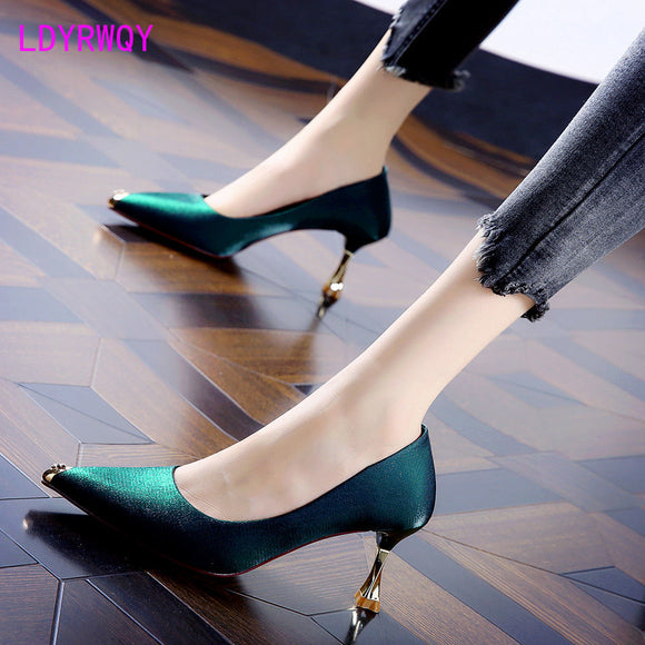 2021  single shoes female pointed shallow mouth small heel blue green temperament satin rhinestone iron toe high heels