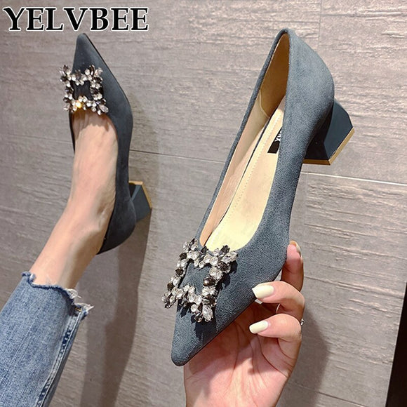 Mujer Shoes 2021 New Designer Crystal Suede Shallow Dress Sandals Autumn Fashion Chunky Party mid Heels Sandals Lady Zapatos