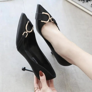 Solid Soft Leather Shallow Korean Style High Heels Fashion Buckle Non-Slip Office & Career Shoes Elegant Pointed Toe Women Pumps