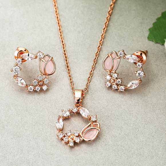2021 Trends Pink Tulip Earrings Rose Gold Necklace Earrings Jewelry Sets Timeless Classic Sweet Zircon Bridal Wedding Jewelry