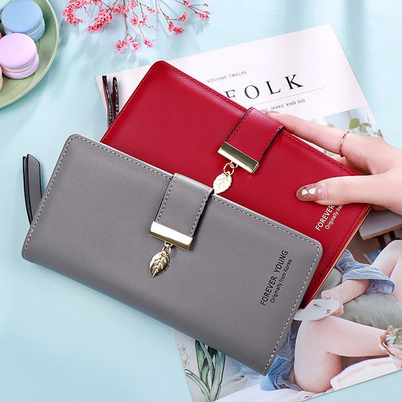 Fashion Women's Long Wallets Female Zipper Leaf Pendant PU Leather Coin Purse Ladies Casual Clutch Large Capacity Card Holders