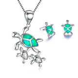 Fashion Cute Turtle Animal Jewelry Set For Women Imitation Blue Fire Opal Pendant Necklace Earrings Set Women Wedding Band