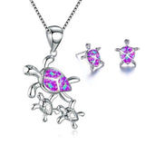 Fashion Cute Turtle Animal Jewelry Set For Women Imitation Blue Fire Opal Pendant Necklace Earrings Set Women Wedding Band