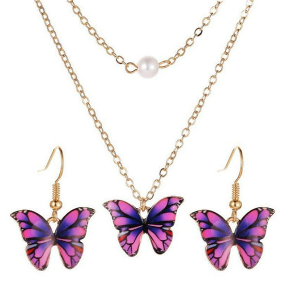 Fashion New 2021 Purple Butterfly Pendant Necklace for Women Vintage Metal Earrings Wedding Necklace Choker Jewelry Accessories
