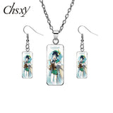 CHSXY Anime Genshin Impact Jewelry Sets Cartoon Cute Figure Zhongli Rectangle Necklace Earrings Art Accessories Gift For Fans