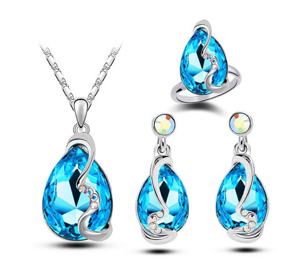 Fashion Silver Plated European and American jewelry crystal earrings necklace rings jewelry set