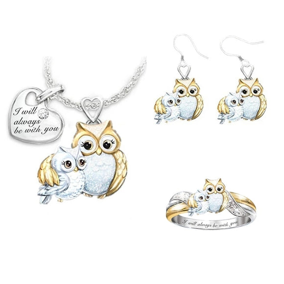 Jusieber 2/3PCS Letter Cute Owl Jewelry Set Double Owls Children's Necklace Ring Jewelry Set Cartoon Animal Birthday Gift Rings