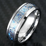 New Men Women Tungsten Steel Wedding Ring 8MM With Mechanical Gear Wheel Light Blue Carbon Fiber Inlay Beveled Edges Comfort Fit