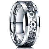 New Men Women Tungsten Steel Wedding Ring 8MM With Mechanical Gear Wheel Light Blue Carbon Fiber Inlay Beveled Edges Comfort Fit